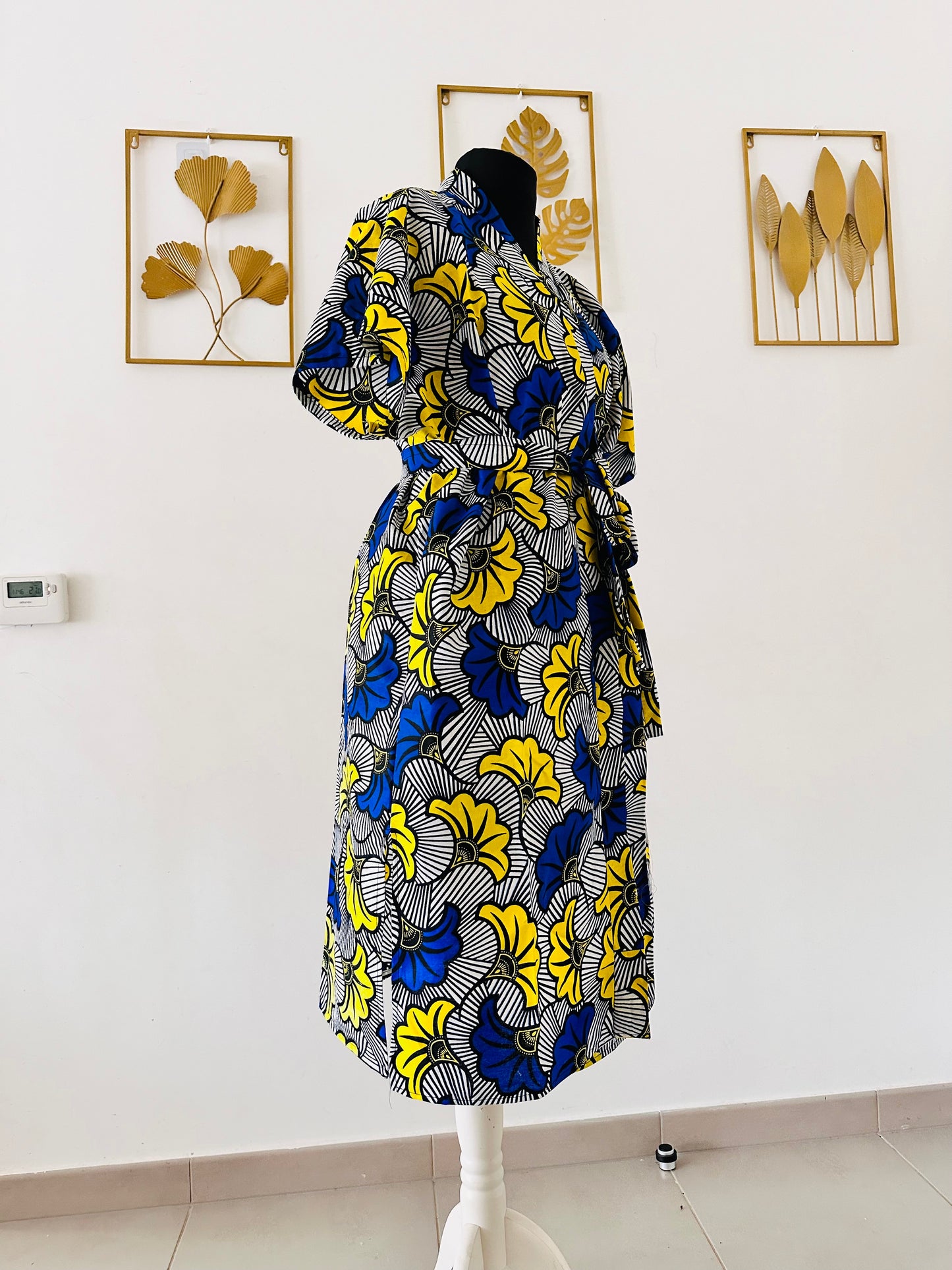 Robe portefeuille africaine - Wax Bleu Roi - Jaune