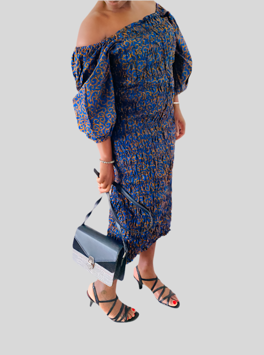 Robe Élastique droite en wax - Manches bouffantes chic - Wax bleu