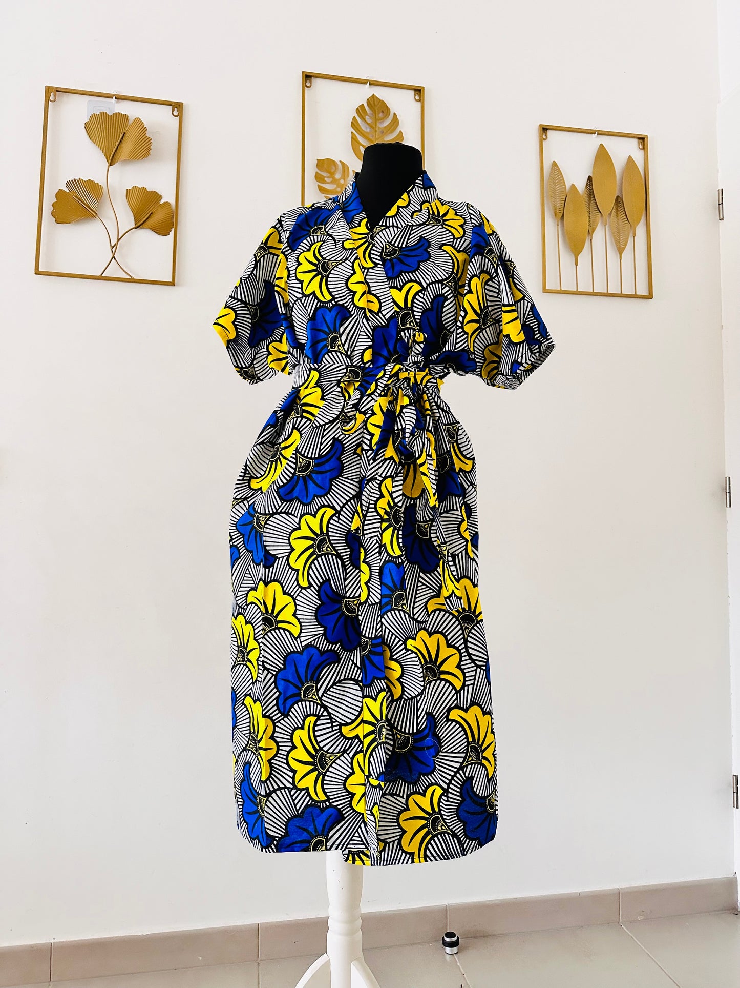 Robe portefeuille africaine - Wax Bleu Roi - Jaune