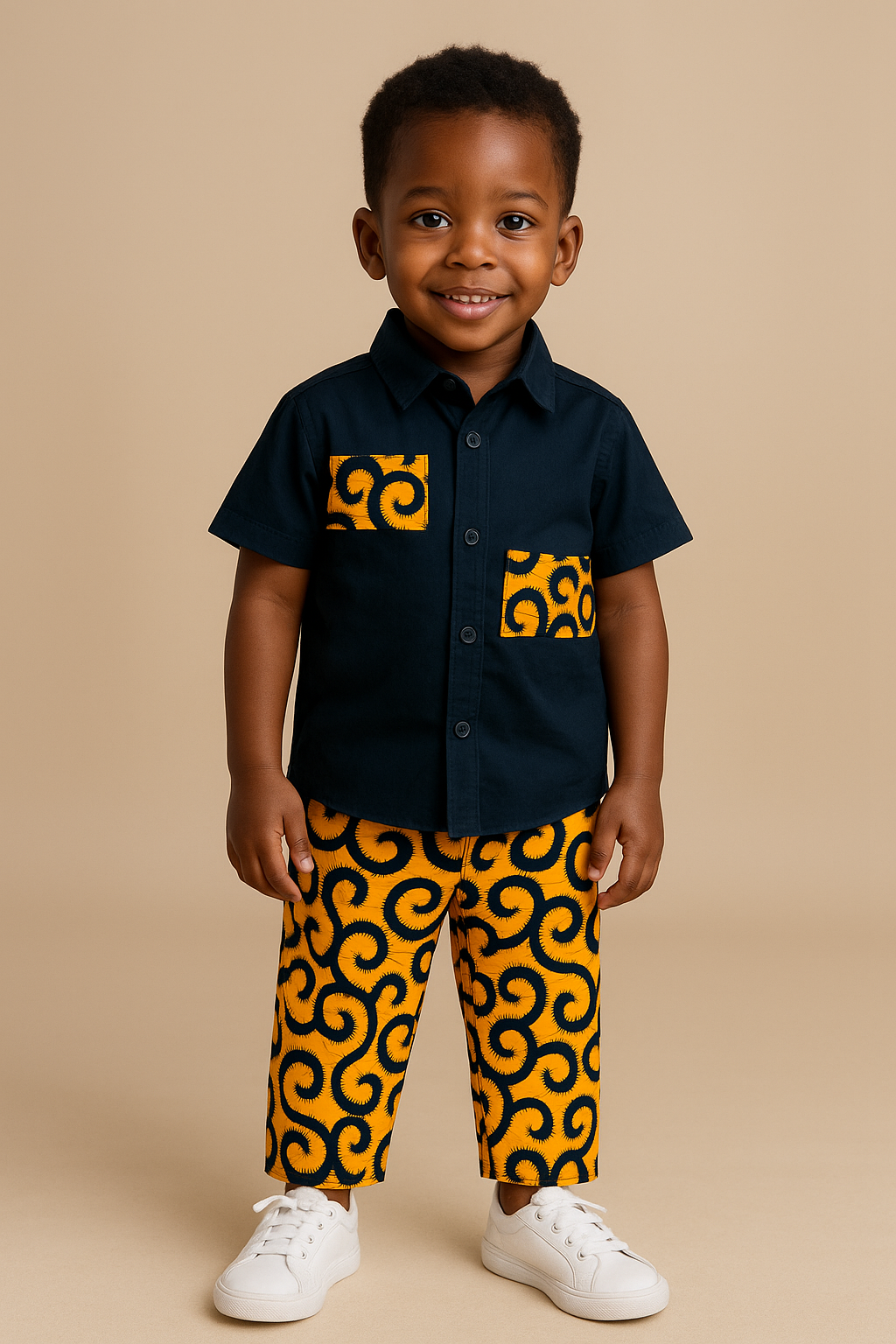 Ensemble enfant garçon Idriss – Wax jaune et noir – Chemise + pantalon – Fait main