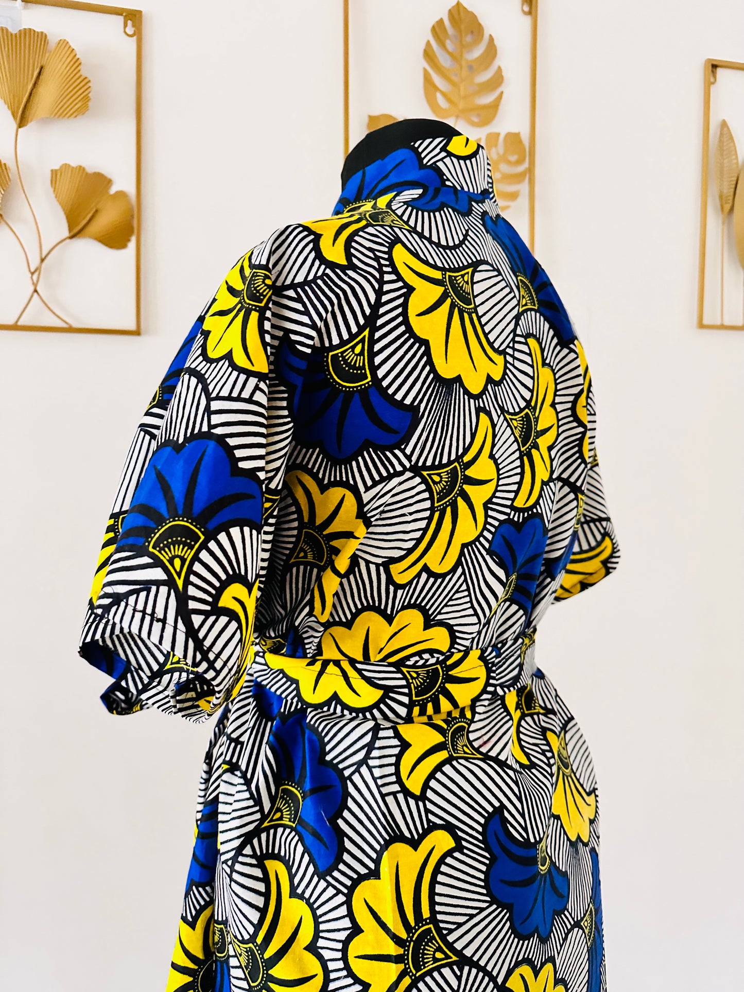 Robe portefeuille africaine - Wax Bleu Roi - Jaune