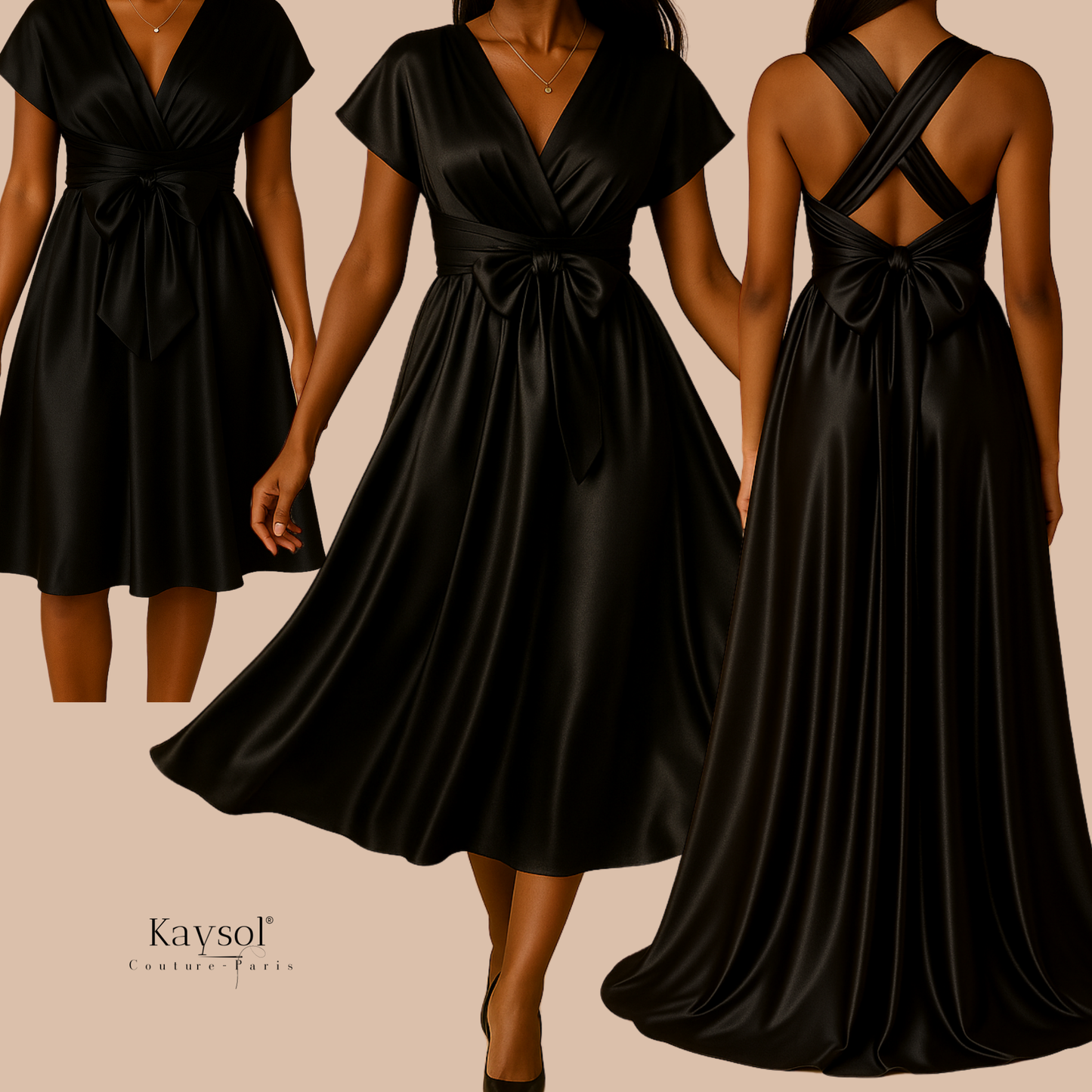 Robe convertible Noir en Satin - Robe de soirée Kaysol