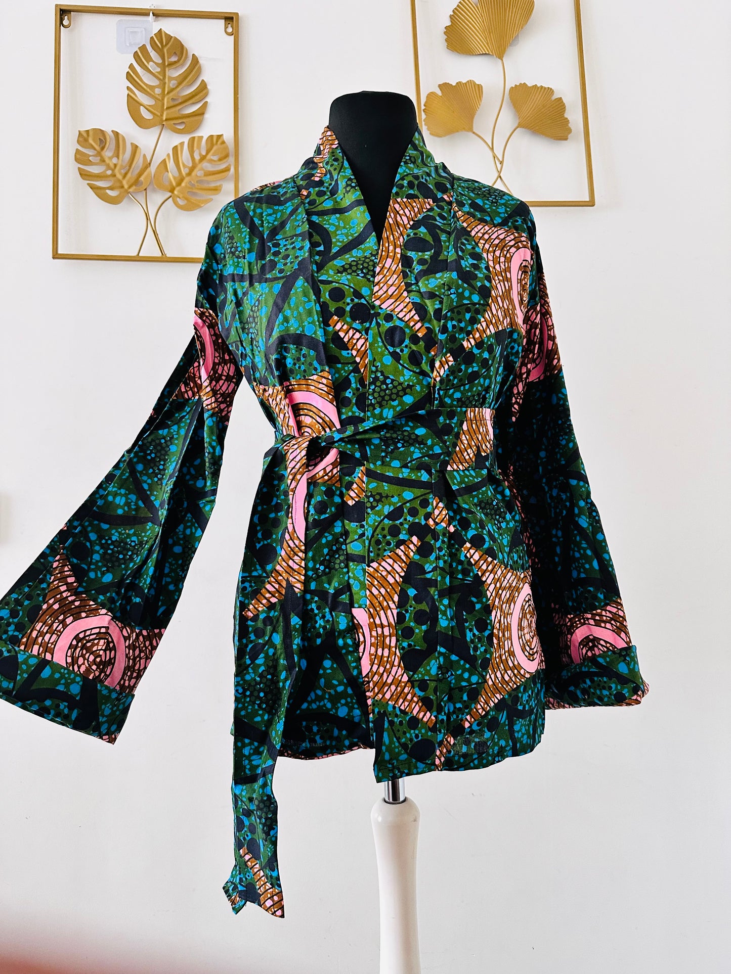 Kimono en wax Turquoise - avec ceinture