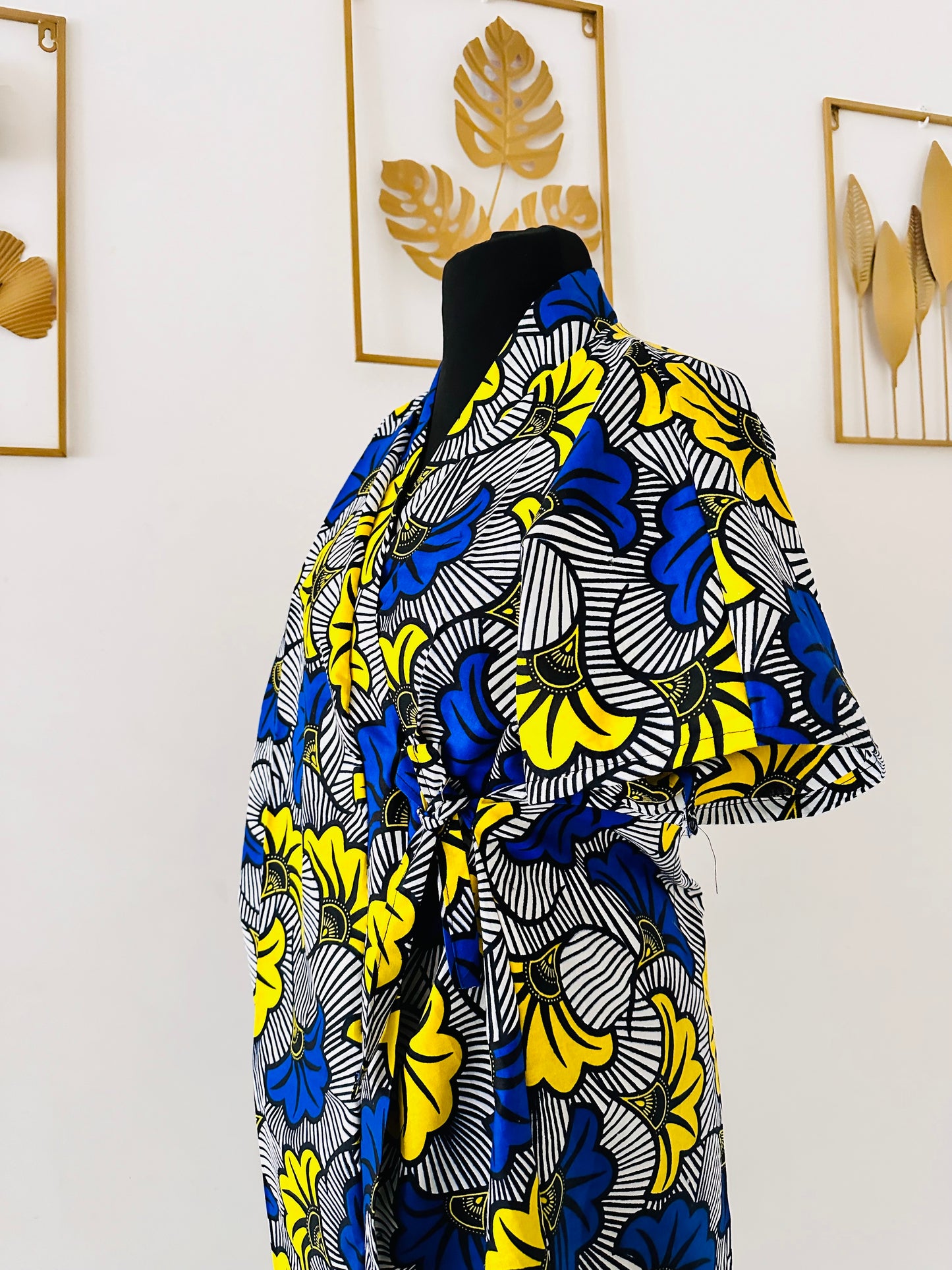 Robe portefeuille africaine - Wax Bleu Roi - Jaune