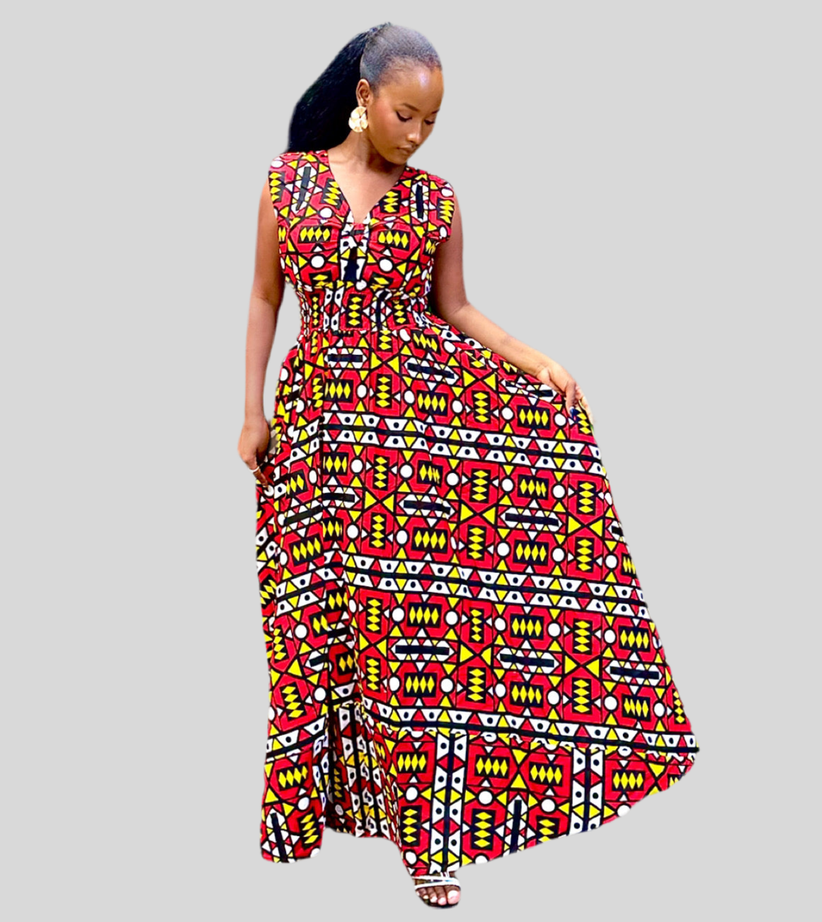 Robe Longue en Wax avec Poches - Détail dos