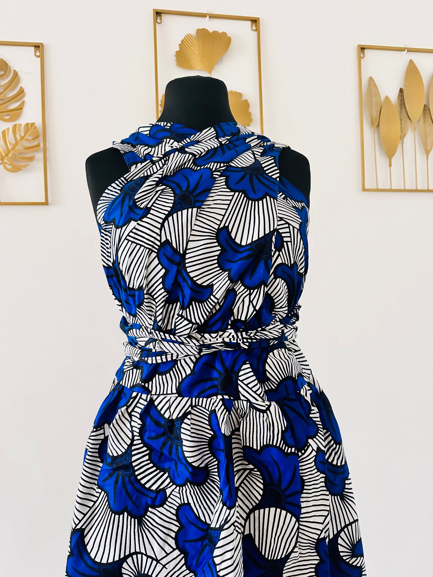 Robe Infinity en wax - Fleurs Bleu Roi - Poches