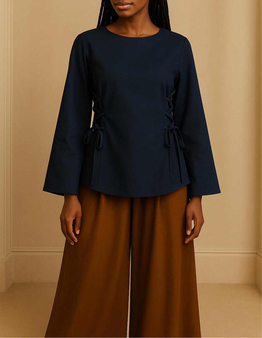 Jeune femme noire de dos portant une blouse bleu marine à manches longues évasées avec laçage côté et dos arrondi, associée à un pantalon large taille haute marron, dans un studio beige neutre.