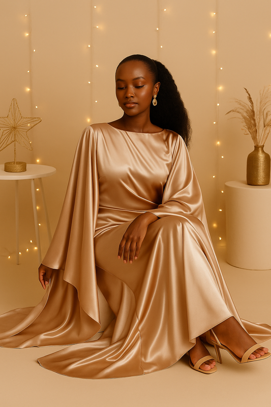 Robe Malia – Satin Beige Rosé | Taille unique ajustable | Kaysol Couture