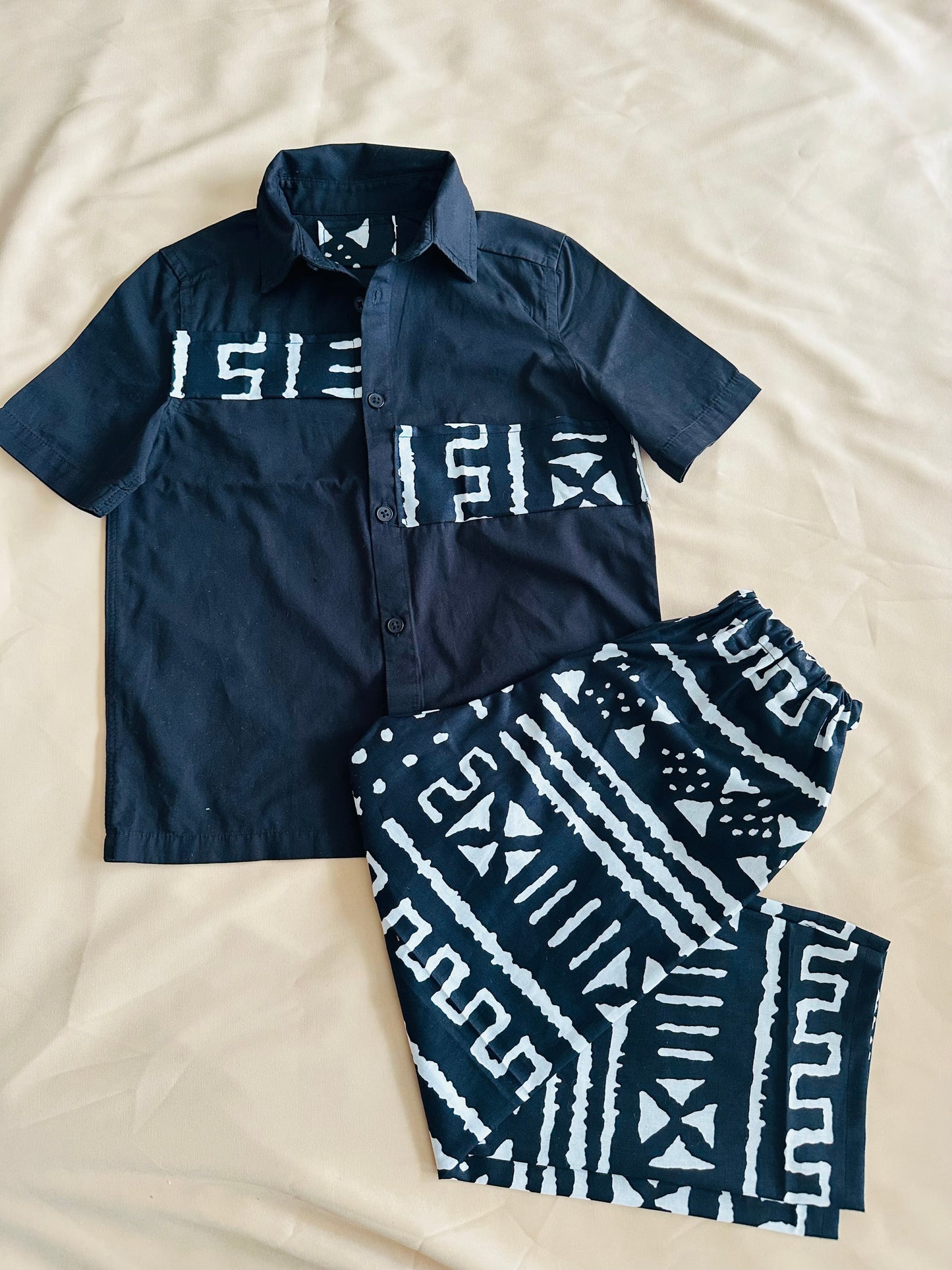 Ensemble enfant garçon Idriss – Bogolan noir et blanc – Fait main en coton