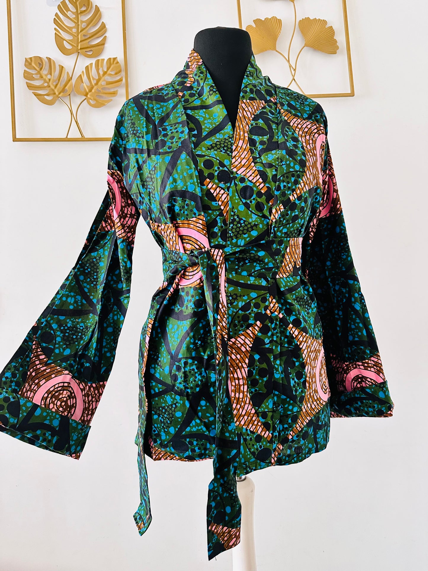 Kimono en wax Turquoise - avec ceinture