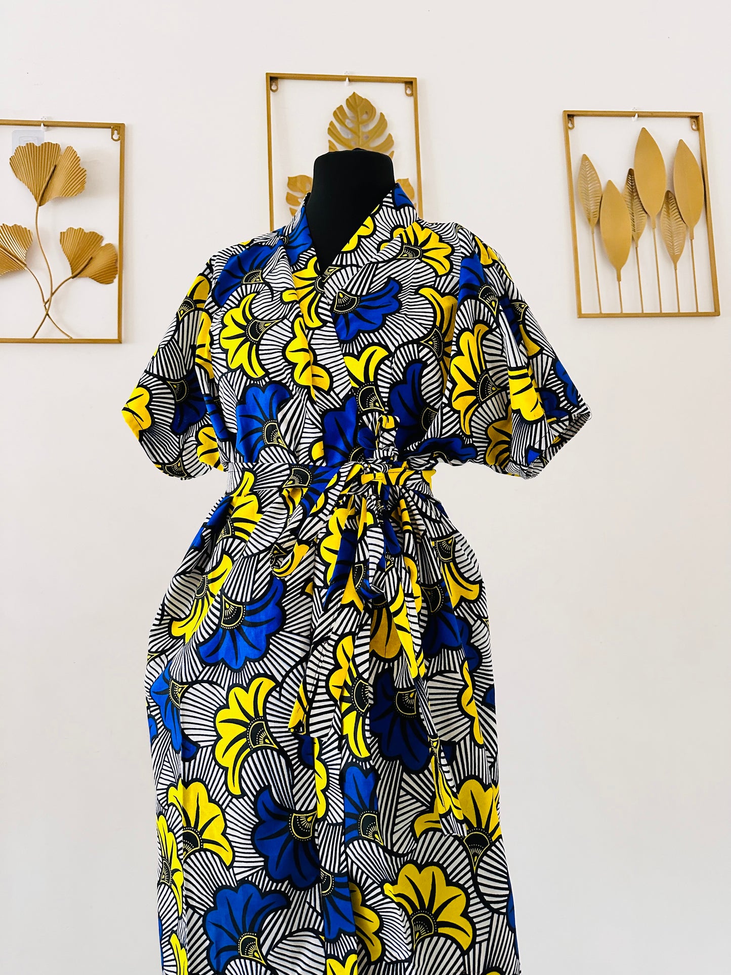 Robe portefeuille africaine - Wax Bleu Roi - Jaune
