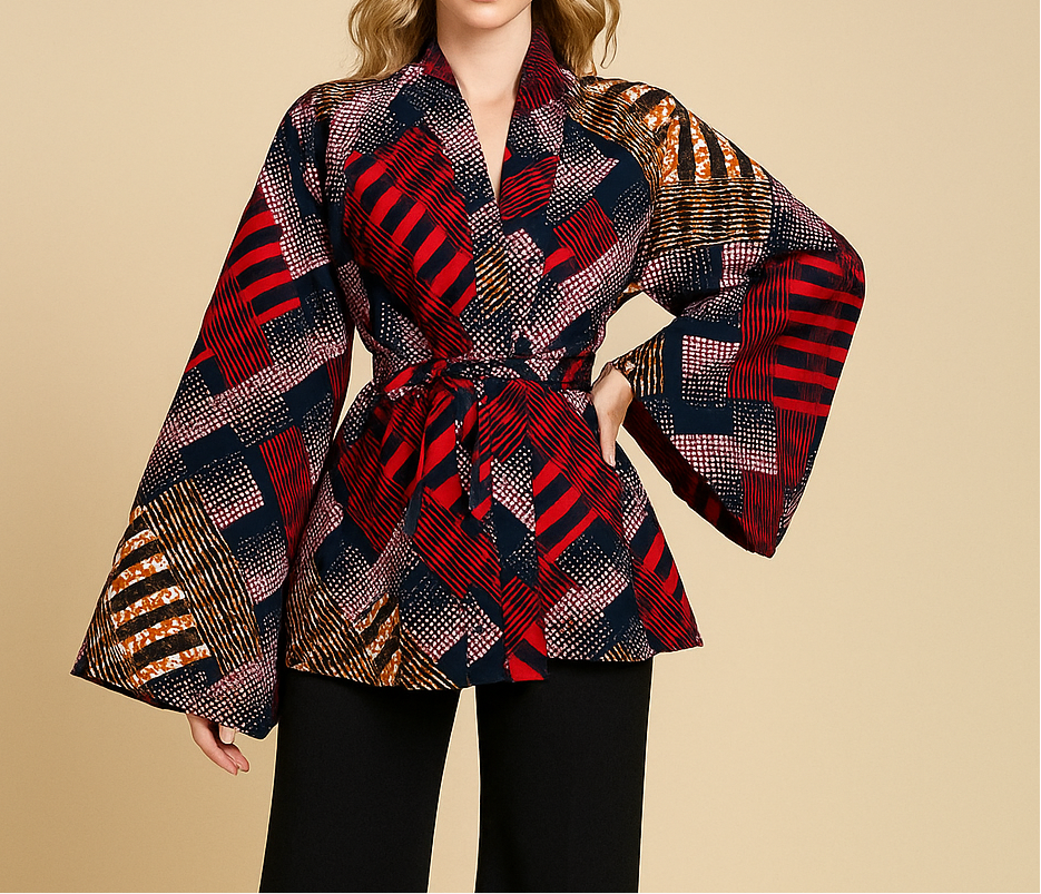 veste africaine rouge- kimono - kimono rouge- kimono femme en wax