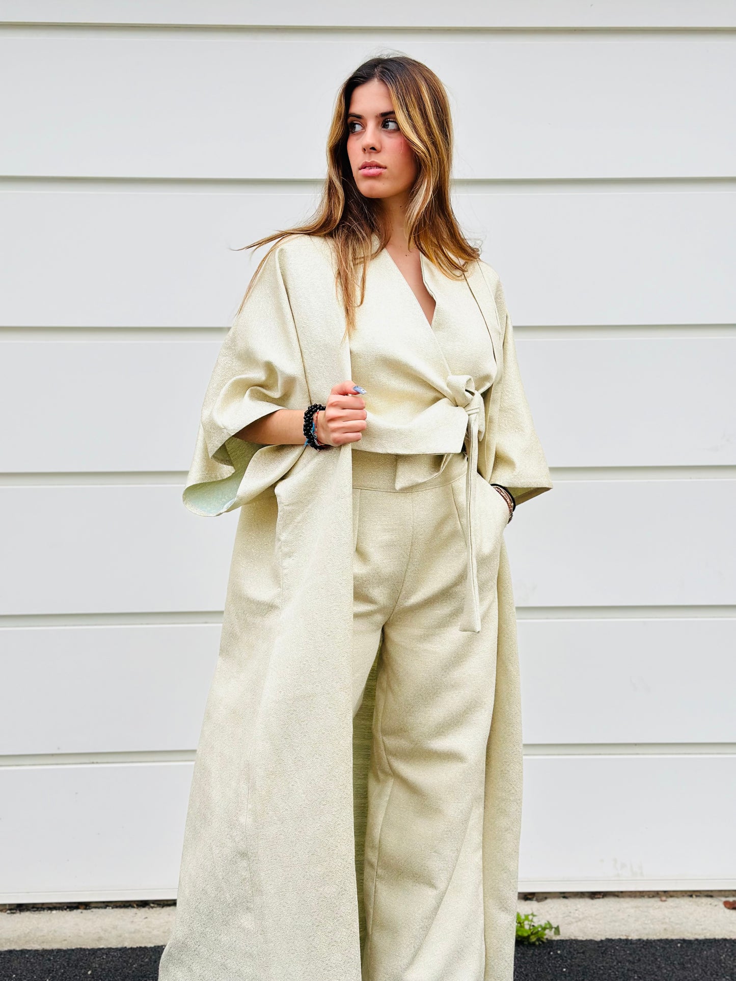 Kimono maxi brocard beige pailletée