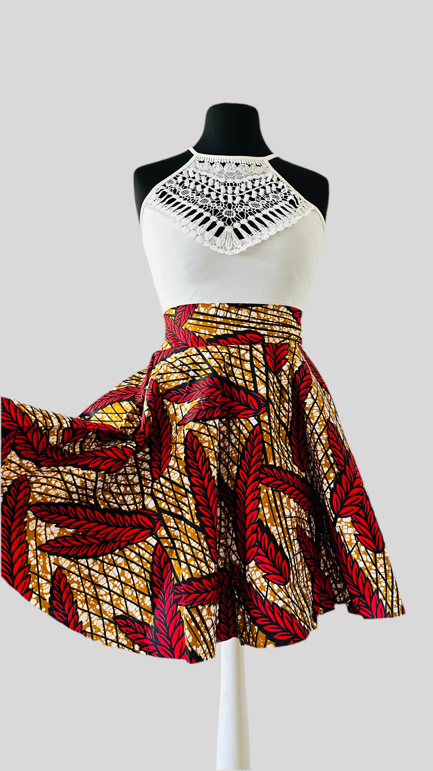 Jupe Patineuse en wax - Jupe Courte africaine- jupe africaine bleu - jupe en wax rouge et beige