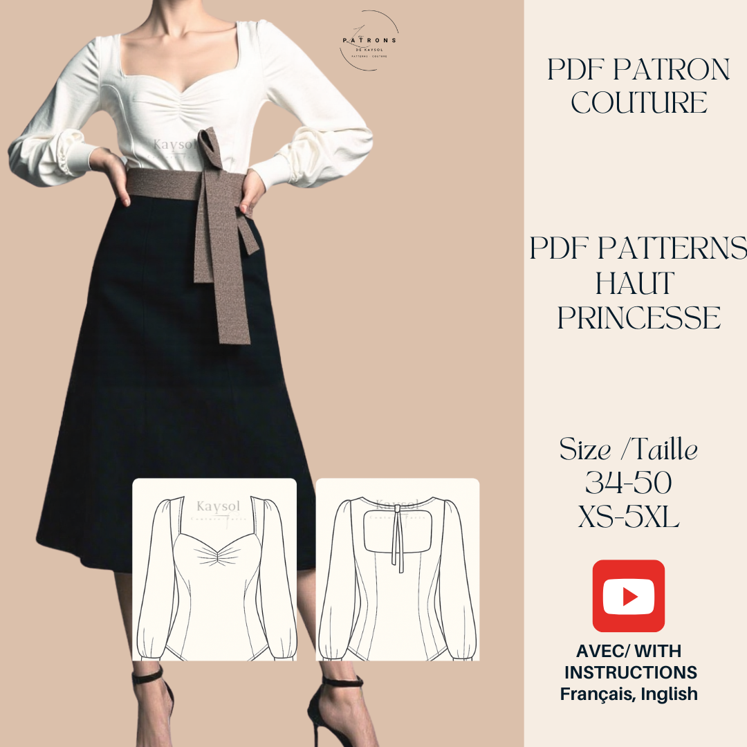 Patron PDF – Haut Princesse | Taille 34 à 50 (XS à 5XL) haut princesse, patron couture PDF, blouse femme, top princesse, sewing pattern, blouse PDF, patron facile, top élégant, haut avec manches longues, PDF top sewing, patron femme, top ajusté
