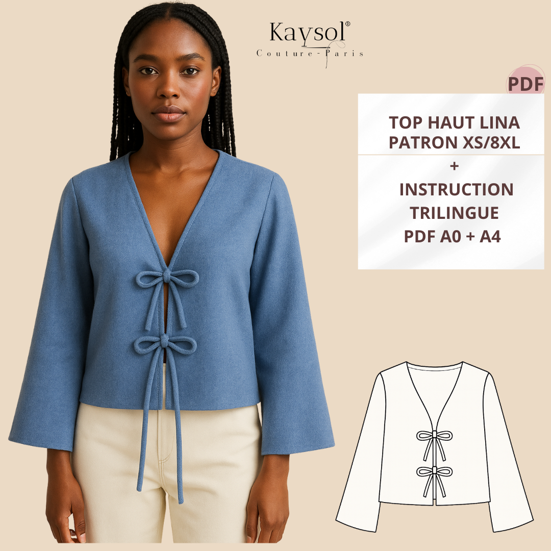 Patron PDF facile – Blouse LINA à nouer, du XS au 8XL. Encolure V, manches longues, coupe fluide. Téléchargement immédiat.