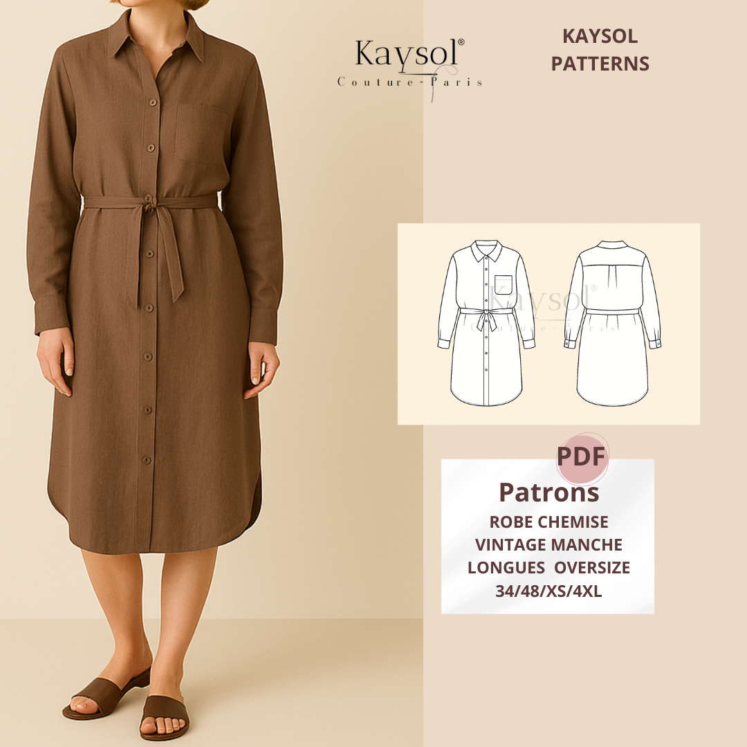 Patron PDF Robe chemise – manches longues (34–48) PDF A0 + A4