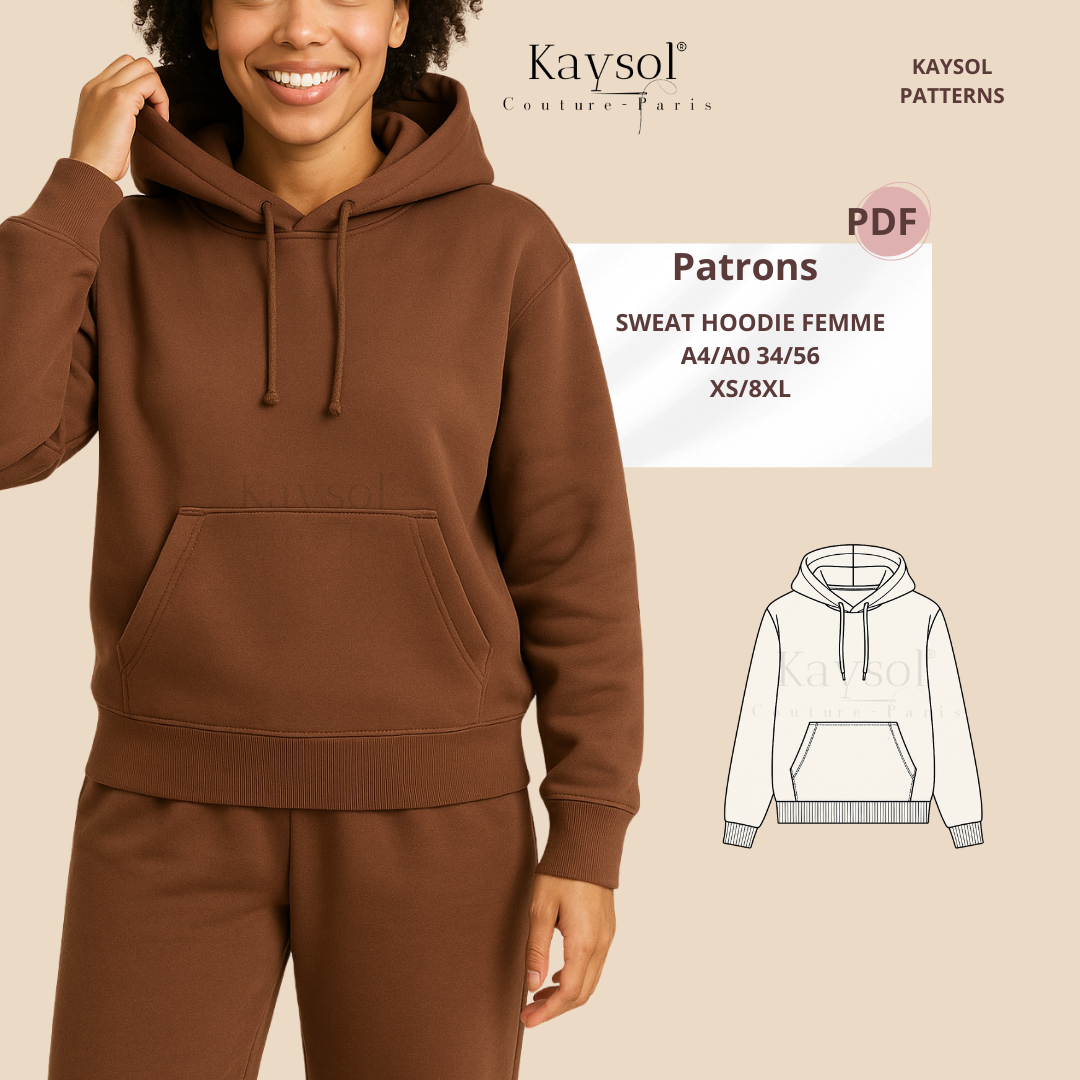 Patron de sweat à capuche femme avec poche kangourou et capuche doublée. Confortable, moderne et facile à coudre – du XS au 8XL.
