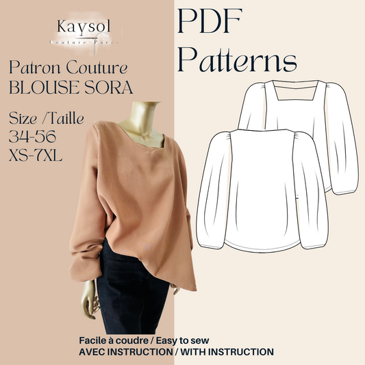 Patron Couture Blouse Élégante -  Blouse Sora - Manches Bouffantes - PDF avec InstructionS
Blouse femme vintage - patron couture blouse femme - patron couture pas cher - patron couture tendance