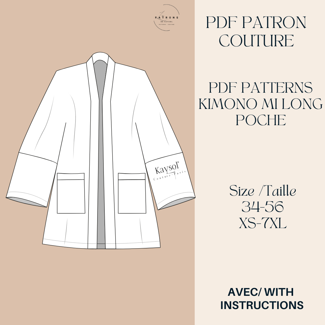 Patron Couture Kimono Femme Long - Patron couture PDF - 12 tailles - EU -US - Instruction