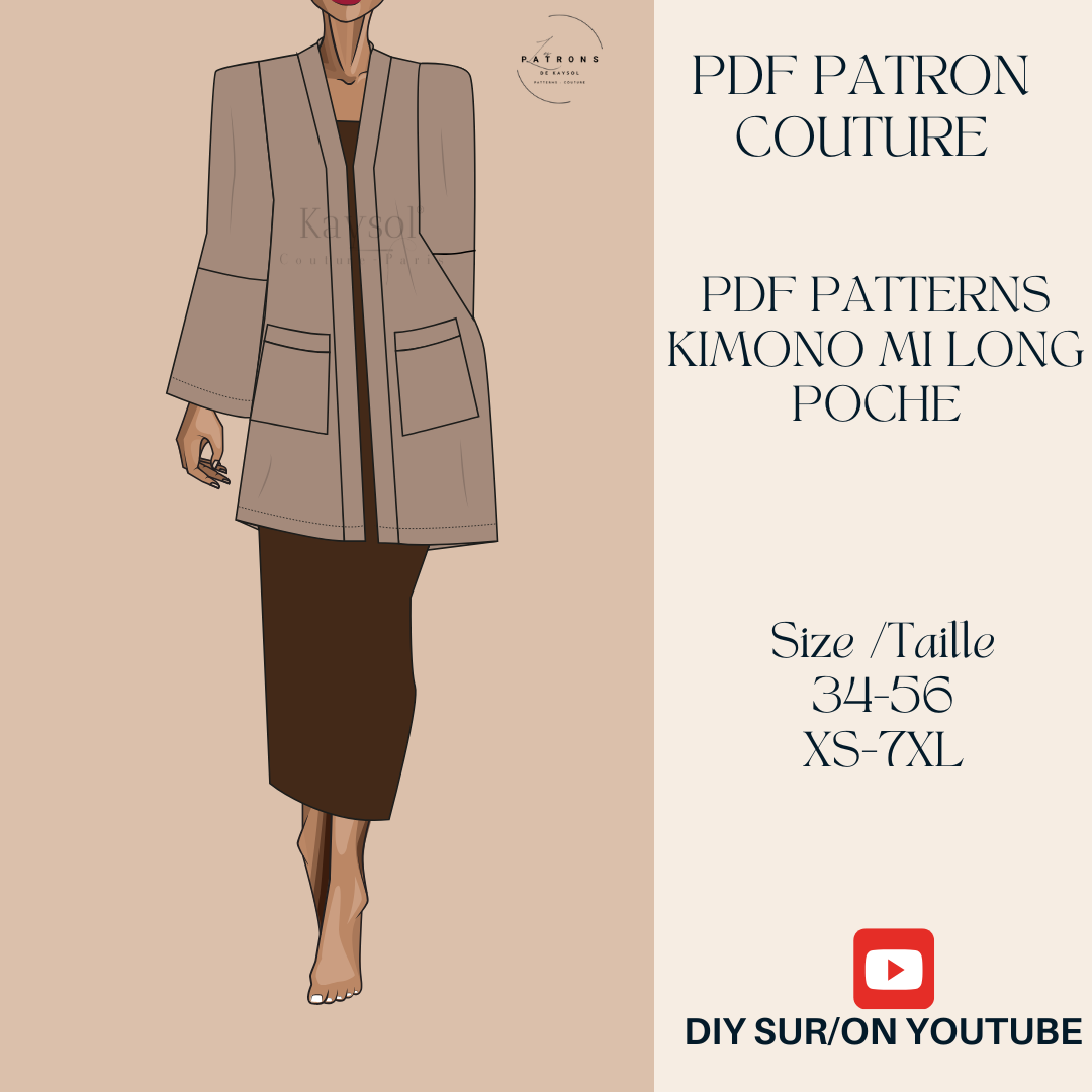 Patron Couture Kimono Femme Long - Patron couture PDF - 12 tailles - EU -US - Instruction