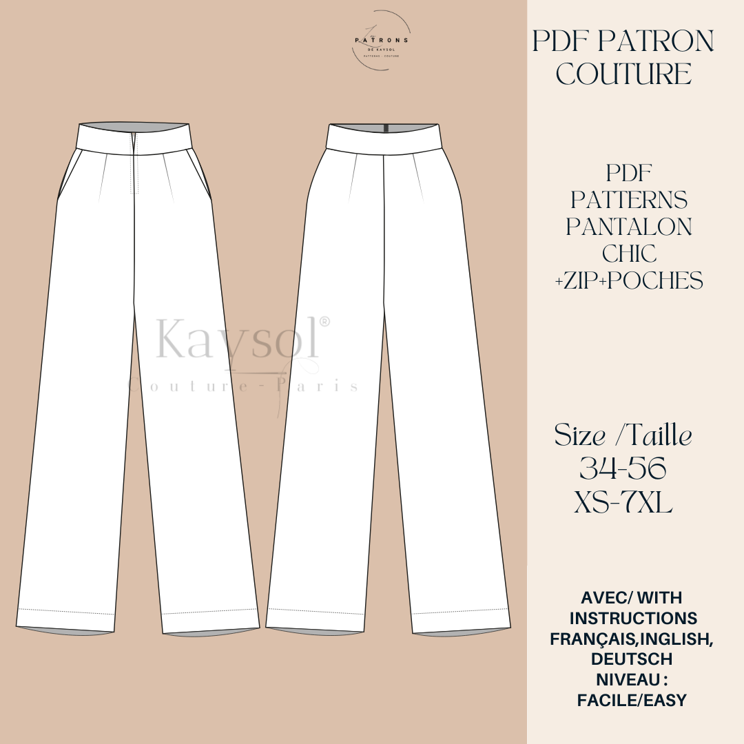 Patron Couture Pantalon Large Chic -12 Tailles - 34/56 -EU/US/ Instructions Couture-pantalon femme taille haute - pantalon maxi