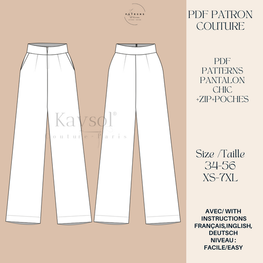 Patron Couture Pantalon Large Chic -12 Tailles - 34/56 -EU/US/ Instructions Couture-pantalon femme taille haute - pantalon maxi