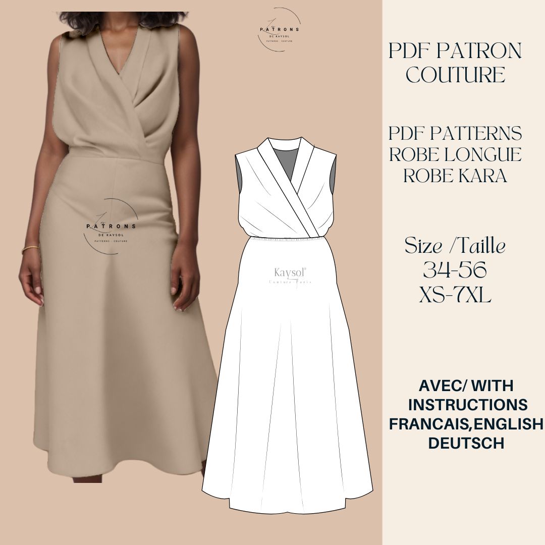 Patron Couture Robe Longue - Robe Kara - Patron couture PDF - Avec Instructions et guide bonus couture débutant offert.