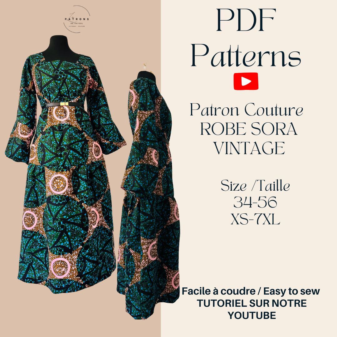 Patron Couture Robe midi - Patron robe Style Vintage - Pdf - Niveau Facile - 12 Tailles