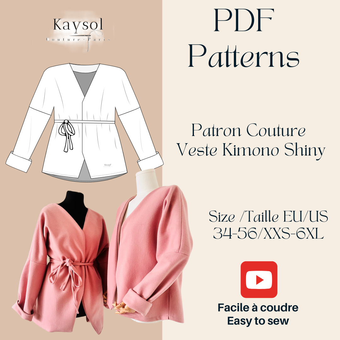Patron Couture Veste Kimono femme - Patron pdf - Instruction en Video - 12 tailles - EU-US
