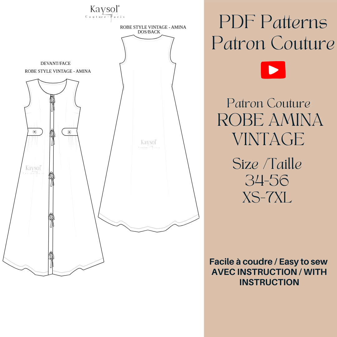 Patron de couture - Robe Vintage - Taille T34/56 EU/US - Français-Anglais - Vidéo DIY - Robe longue - Robe midi vintage en lin - PDF - Grande taille