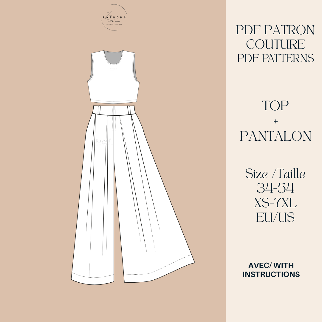Lot Patron Couture - Pantalon Maxi et Top - 12 Tailles - Avec Instruction