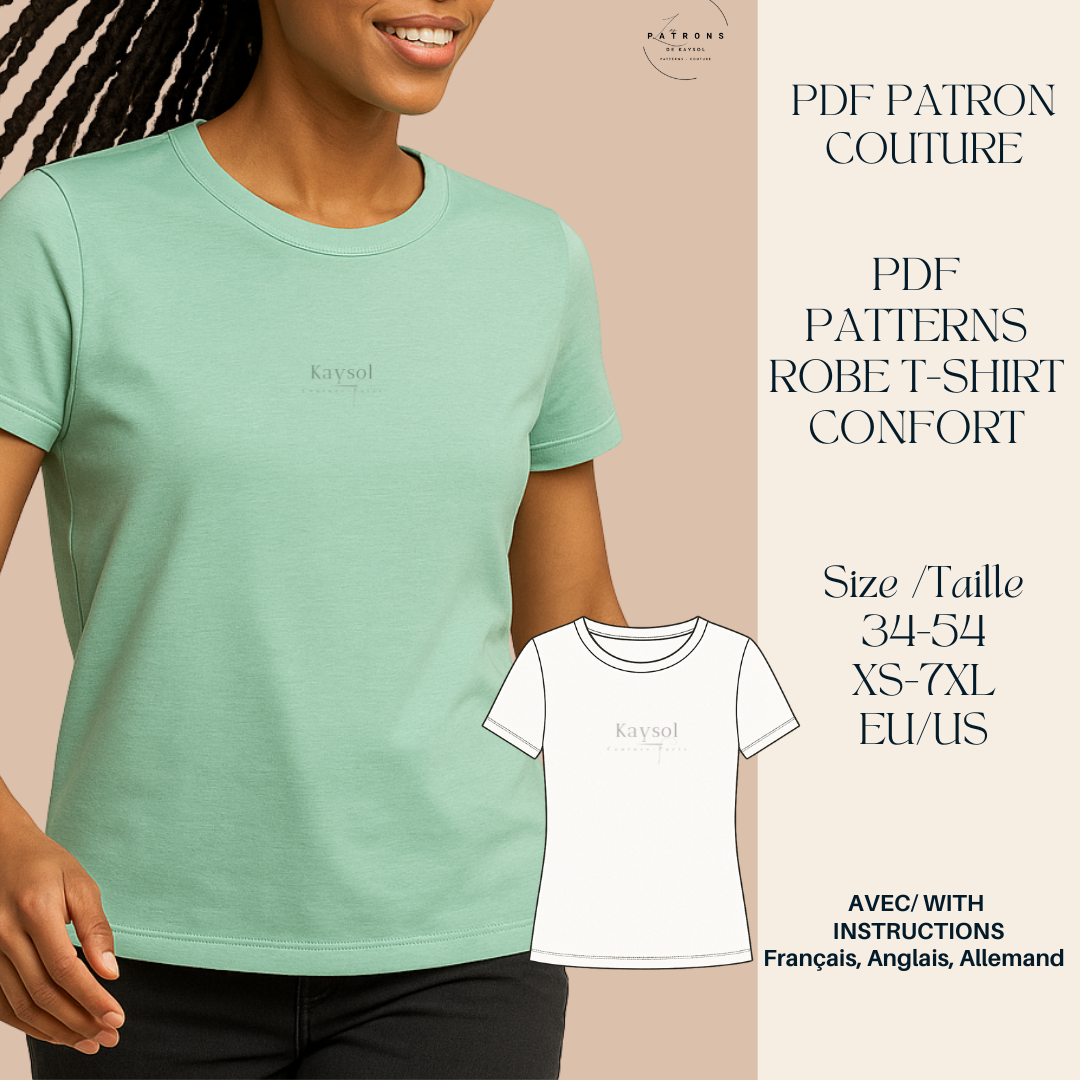 T-shirt femme manches courtes cousu main, coupe droite, tissu jersey – patron PDF facile Kaysol Couture.