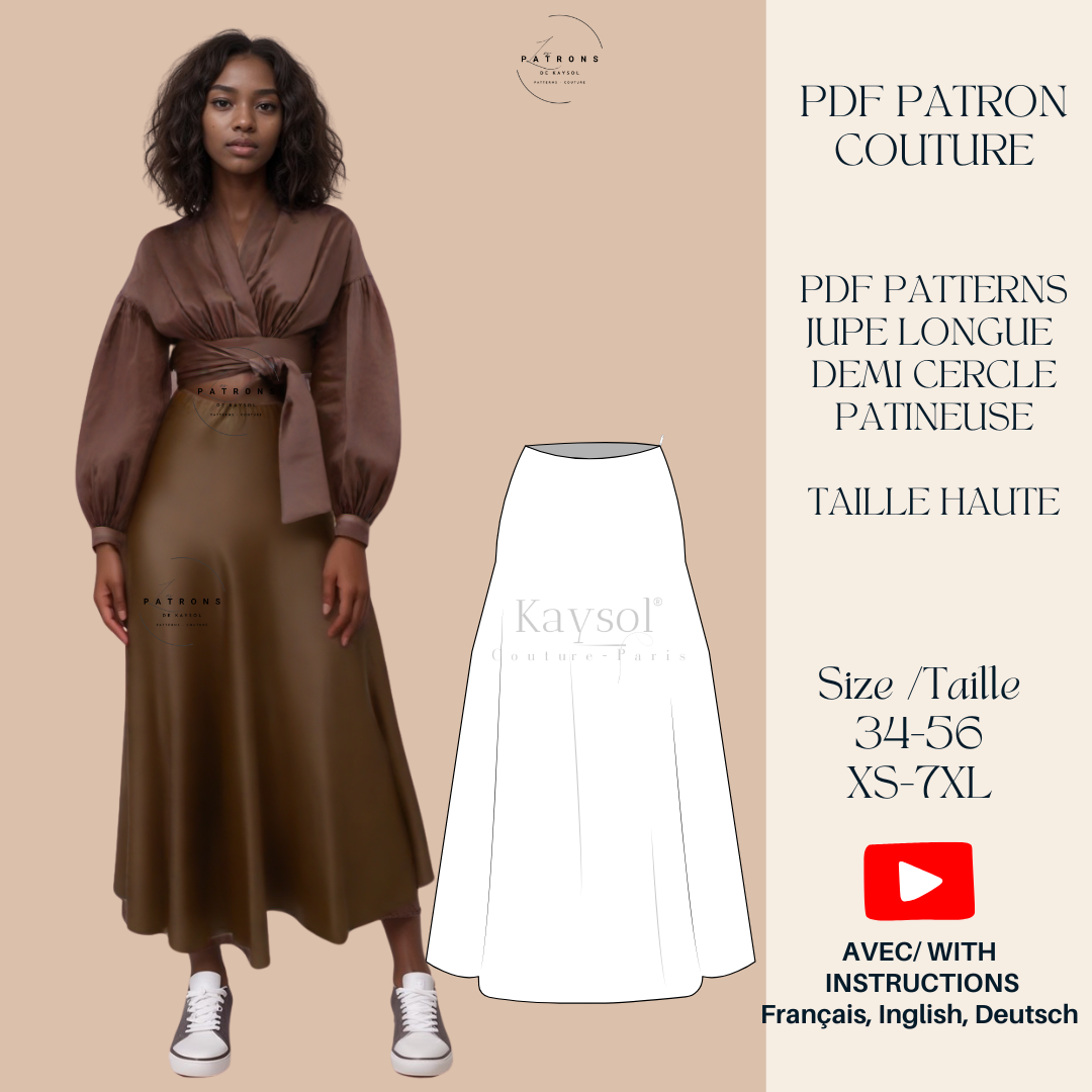Patron Couture jupe demi cercle - Jupe Longue - Patron Pdf - 12 Tailles - EU/US