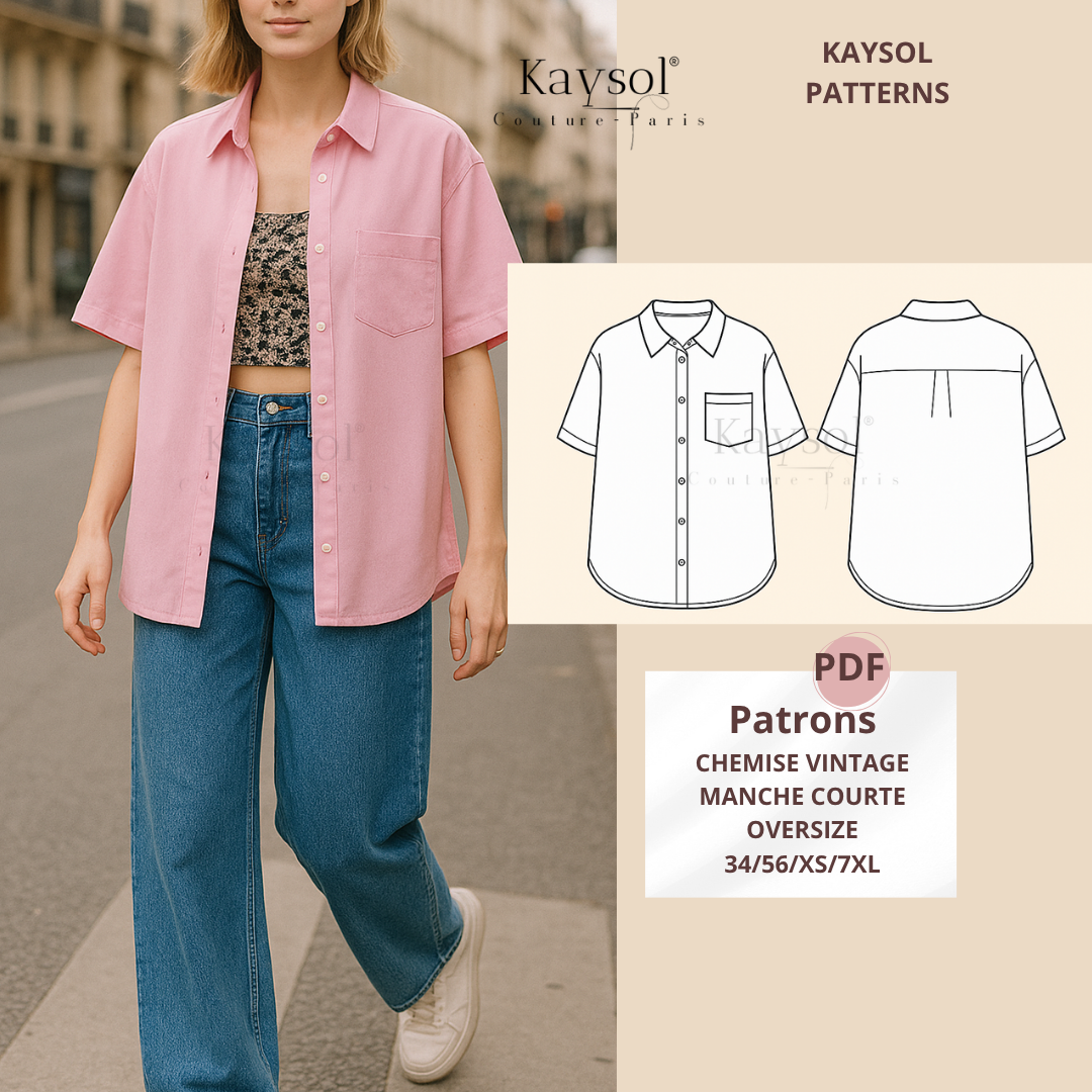 Patron PDF à coudre : chemise Rosa oversize à manches courtes. Coupe fluide, facile à adapter. Tailles 34 à 56. A4 + A0 inclus.