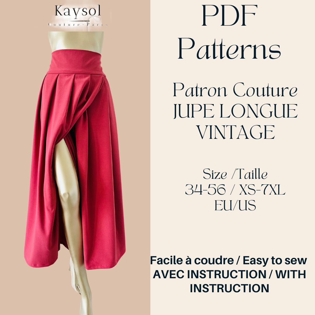 Patron couture Jupe Vintage - PDF à télécharger - Jupe longue fente portefeuille