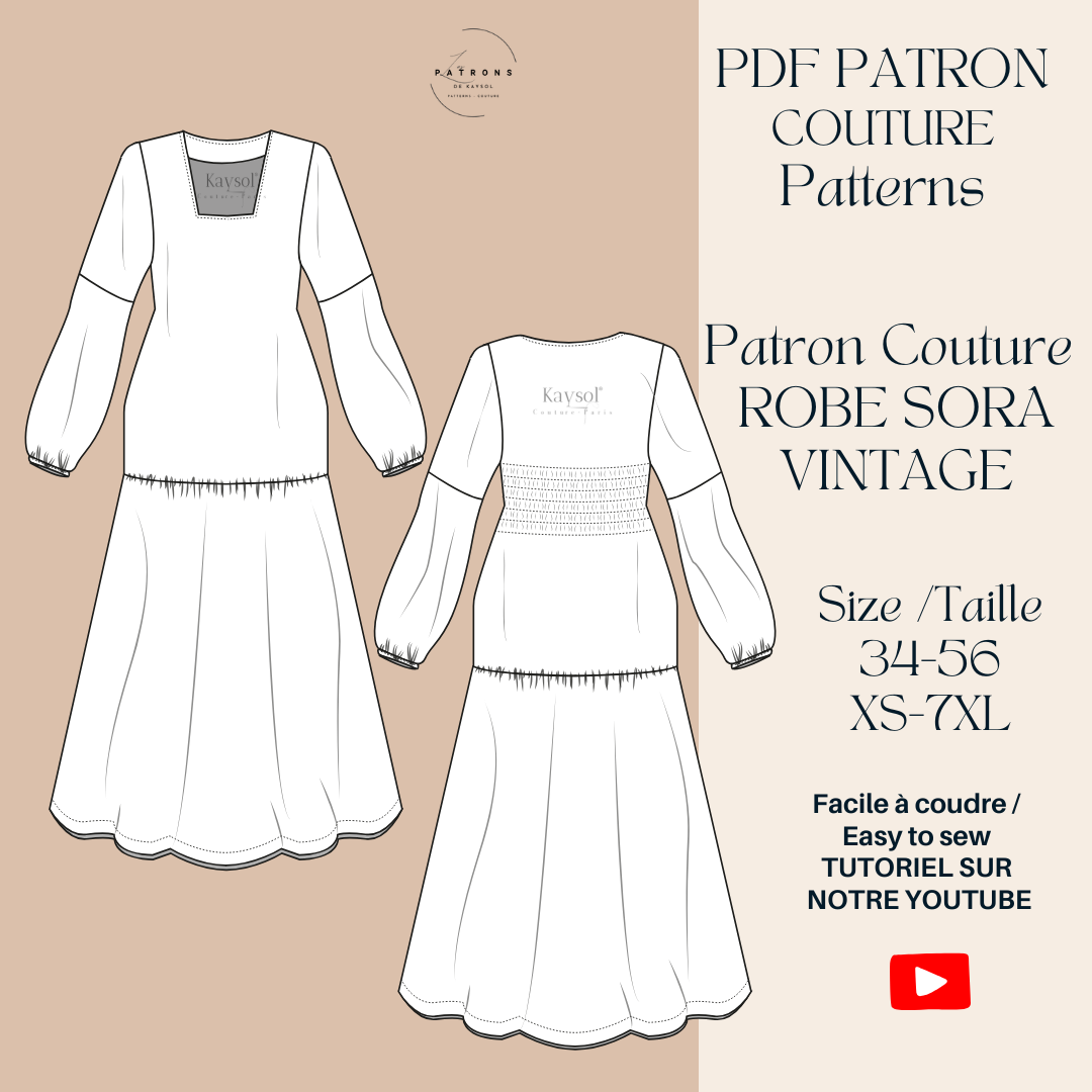 Patron Couture Robe midi - Patron robe Style Vintage - Pdf - Niveau Facile - 12 Tailles
