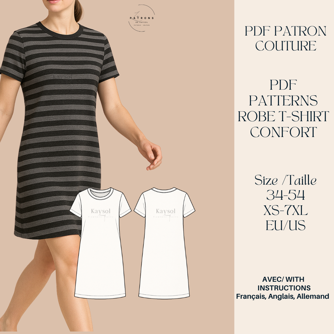 Robe T-shirt cousue main, femme, coupe droite, tissu jersey, modèle facile – patron PDF Kaysol Couture.
