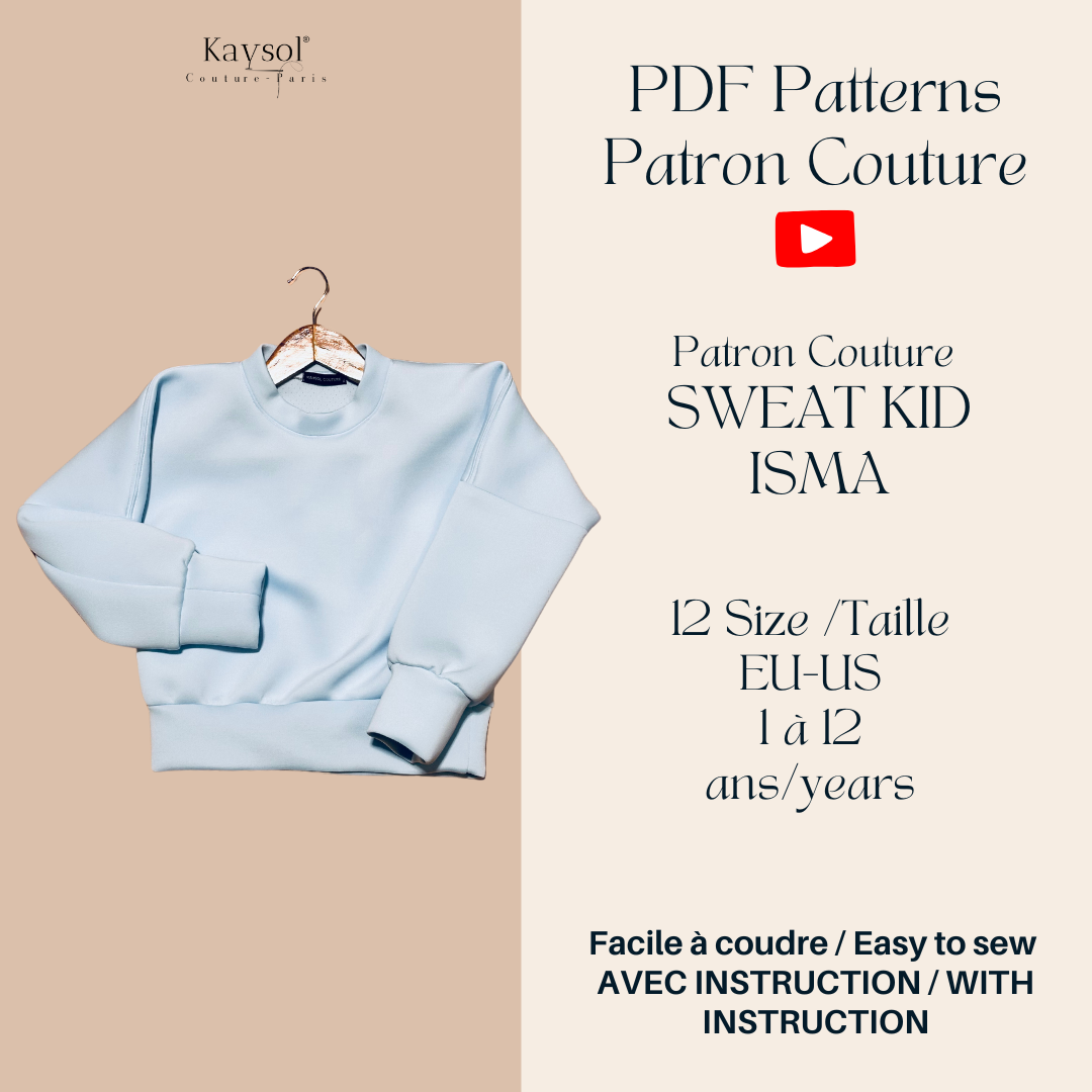 Patron couture Sweat enfant - Tuto en video - français-anglais -de 1 à 12 ans - PDF