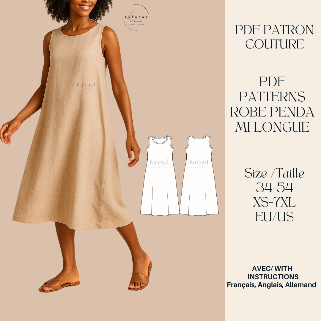 Patron couture PDF robe femme – modèle Penda facile à coudre | Tailles 34 à 56 / XXS/7XL