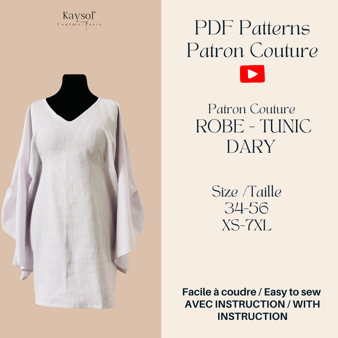 Patron couture Robe Tunique - Manche longue - T34/T56 EU-US - facile à coudre PDF à télécharger - Instruction en video