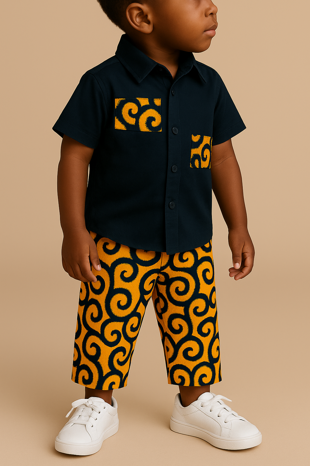 Ensemble enfant garçon Idriss – Wax jaune et noir – Chemise + pantalon – Fait main