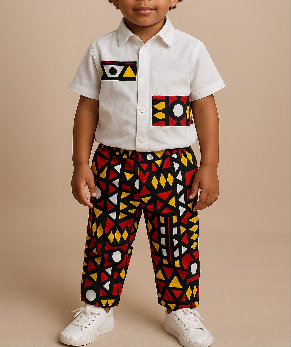 “Ensemble enfant garçon Idriss – Wax jaune et noir – Chemise + pantalon – Fait main”