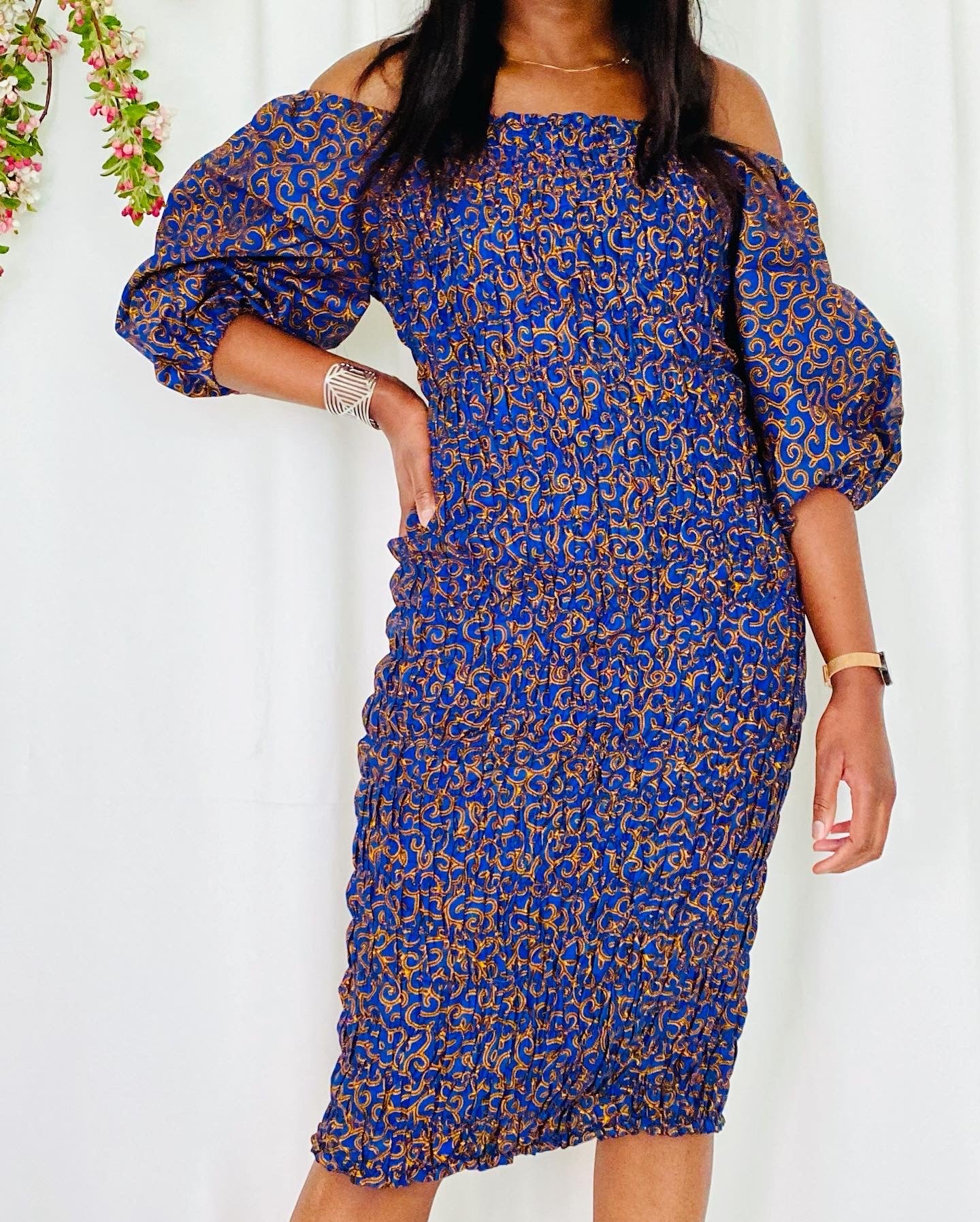 Robe Élastique droite en wax - Manches bouffantes chic - Wax bleu