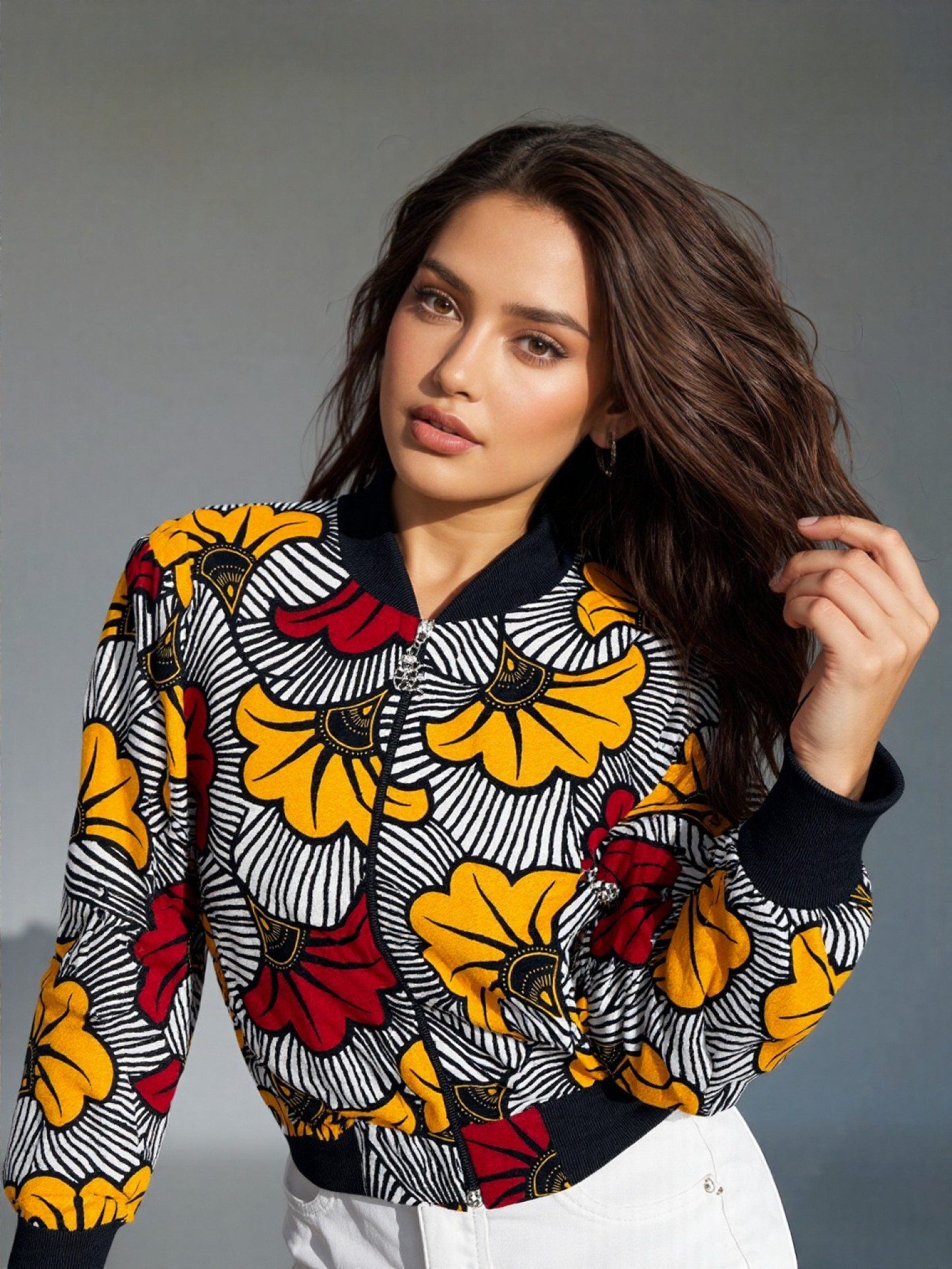 Bomber en Wax mixte - Avec poches - motif Fleurs de mariage