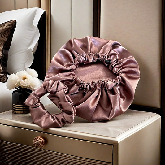 bonnet de nuit en soie de haute qualité - avec chouchou assorti