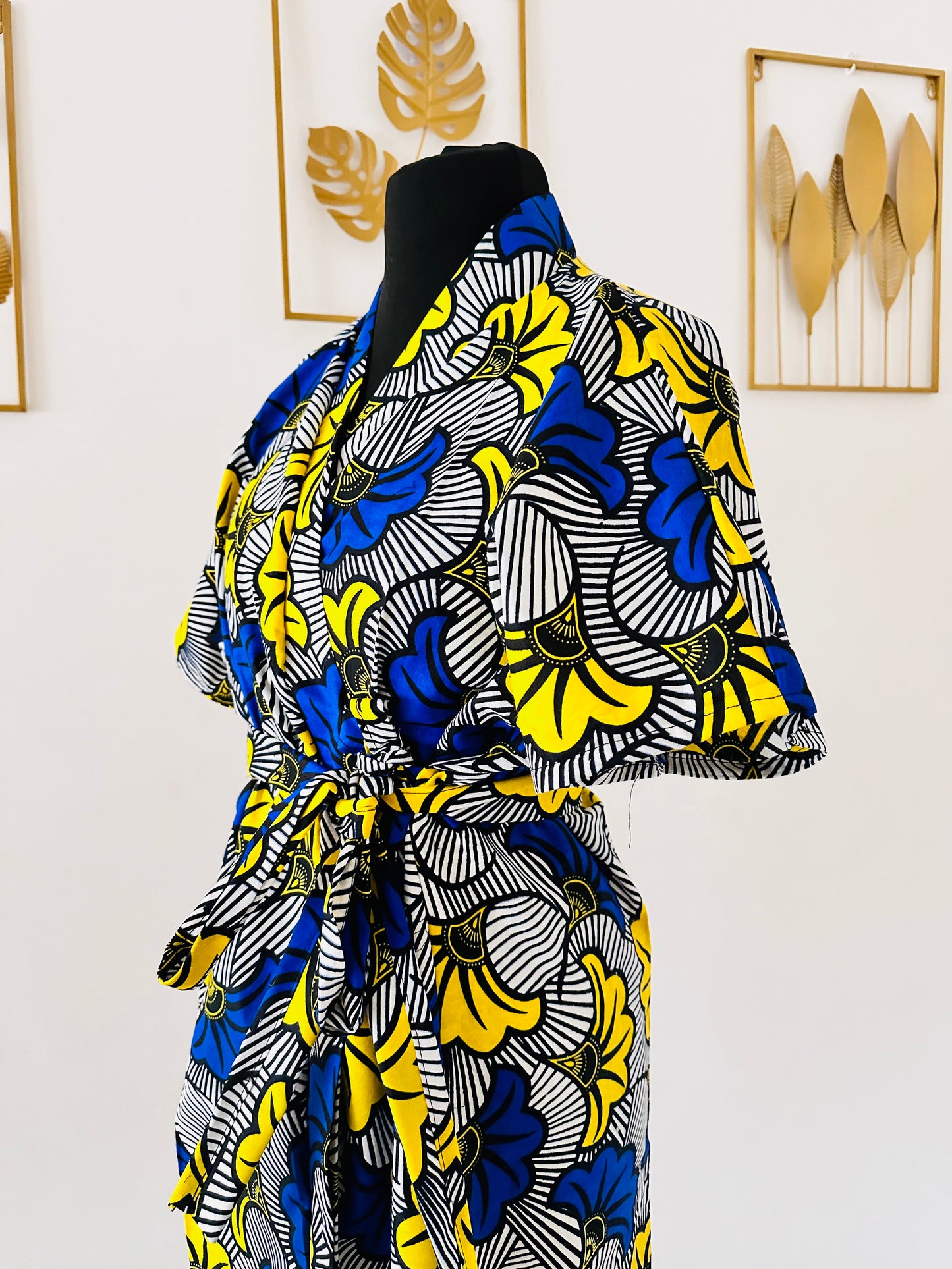 Robe portefeuille africaine - Wax Bleu Roi - Jaune