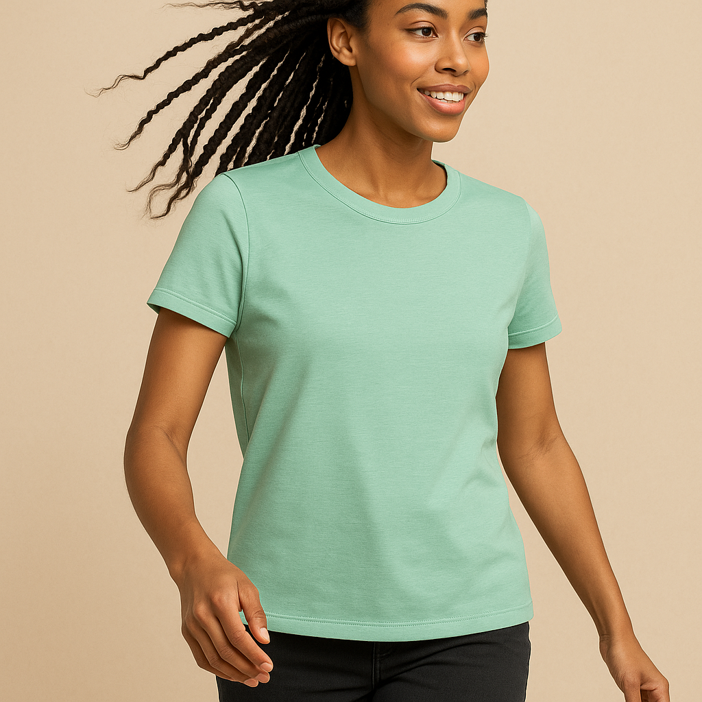 T-shirt femme manches courtes cousu main, coupe droite, tissu jersey – patron PDF facile Kaysol Couture.