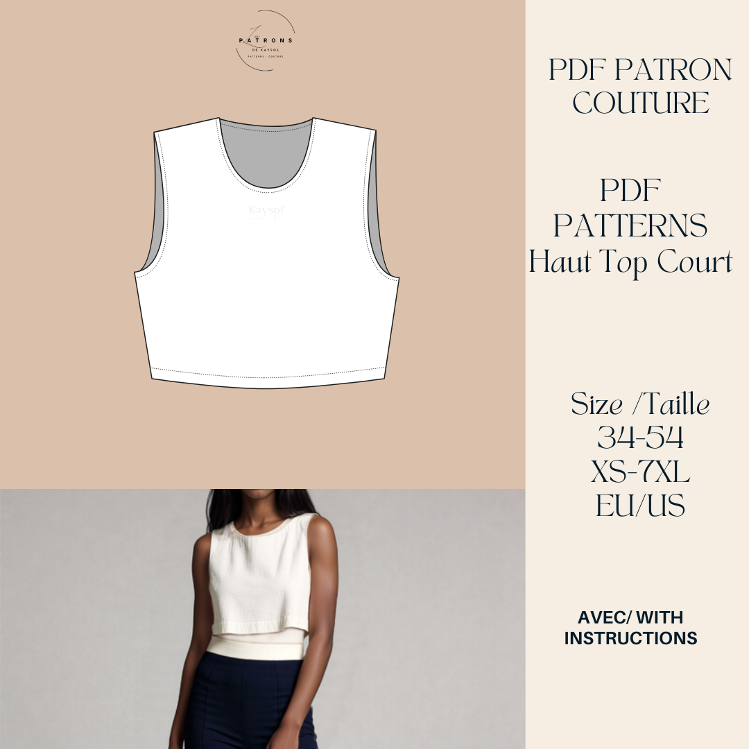 Patron couture Femme - Haut Court Sans manche - 10 Tailles - Avec Instruction