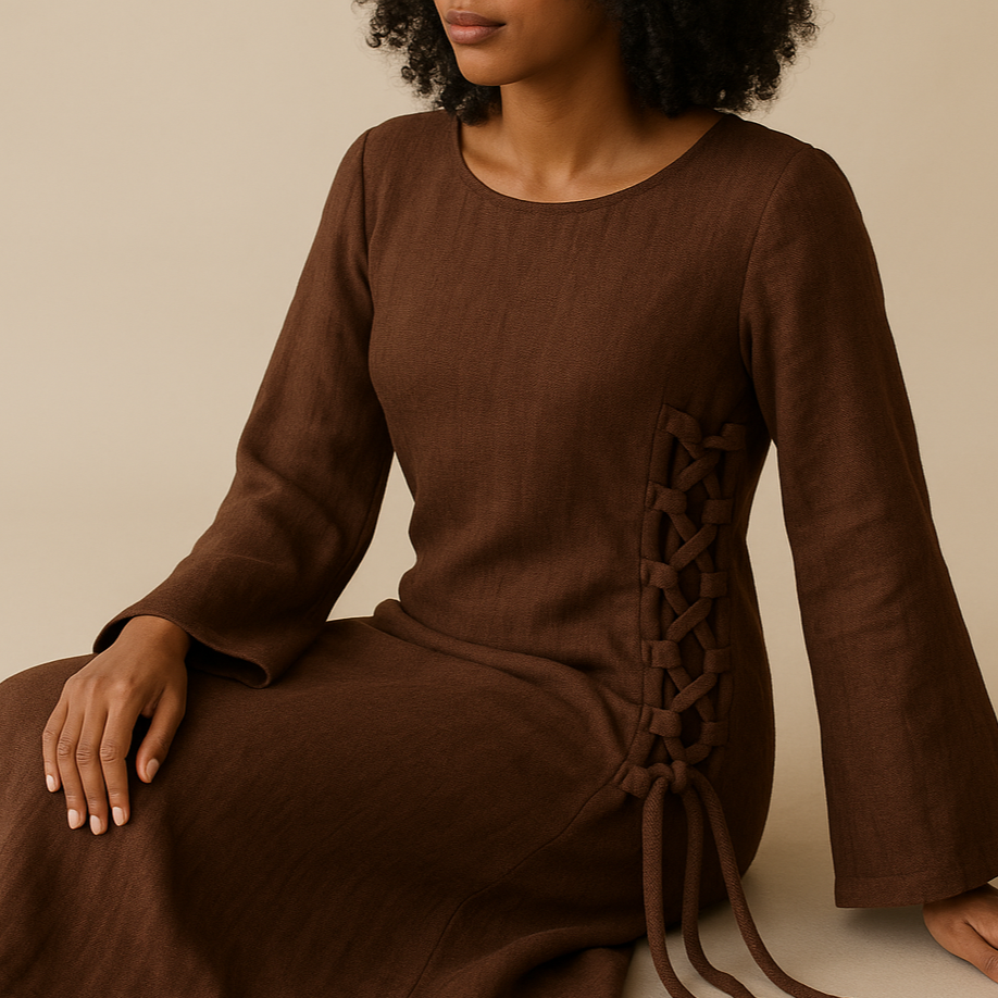 Robe longue en lin marron – Marina – Modeste, fluide, ajustable